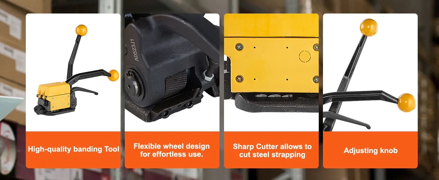 VEVOR steel strapping tool with flexible wheel design, sharp cutter, and adjustable knob for easy use.