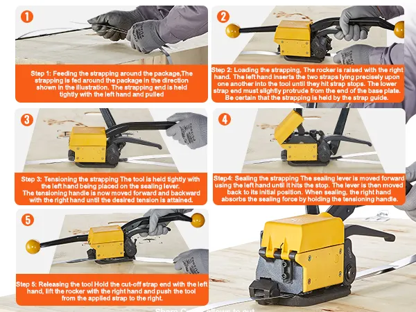 VEVOR steel strapping tool operation steps: feeding, loading, tensioning, sealing, and releasing.