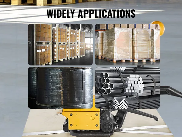VEVOR steel strapping tool for packaging applications with pallets, boxes, and metal pipes.