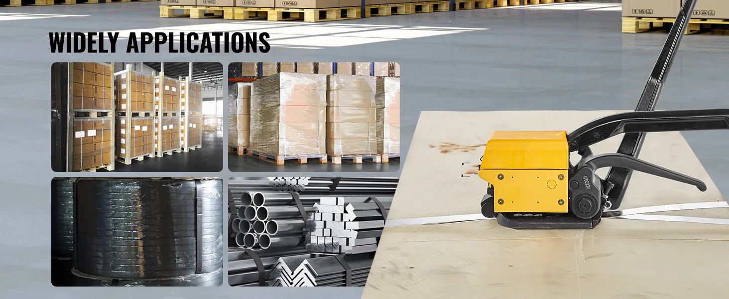 VEVOR steel strapping tool for packaging applications with pallets, boxes, and metal pipes.