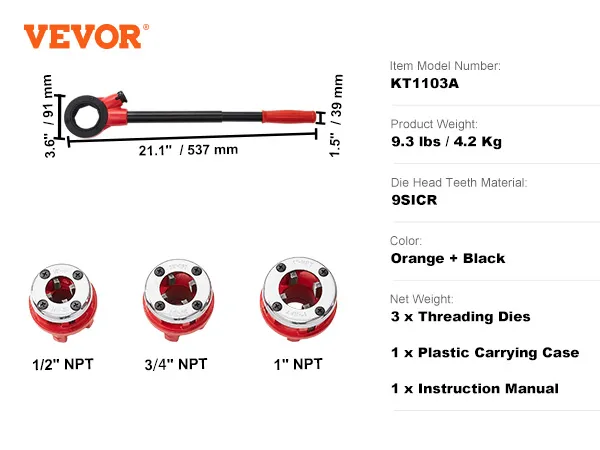 VEVOR pipe threader kit with 3 threading dies, handle, plastic carrying case, kt1103a, orange and black.