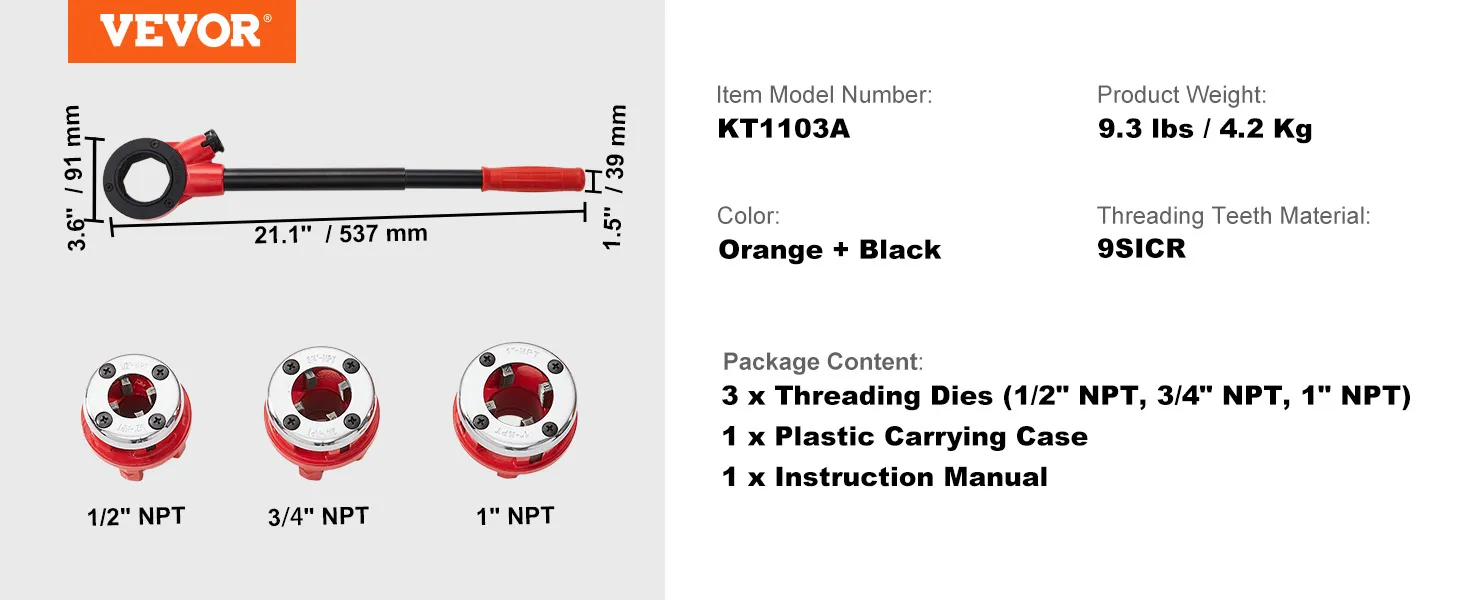 VEVOR pipe threader kit with 3 threading dies, handle, plastic carrying case, kt1103a, orange and black.
