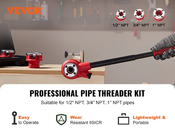 VEVOR pipe threader kit includes dies for 1/2" npt, 3/4" npt, and 1" npt pipes, easy to operate.