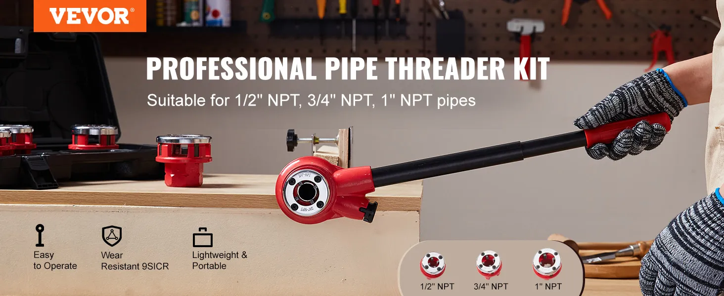 VEVOR pipe threader kit includes dies for 1/2" npt, 3/4" npt, and 1" npt pipes, easy to operate.