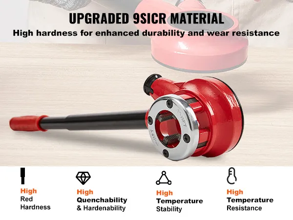 red and silver VEVOR pipe threader kit made from upgraded 9sicr material for durability and wear resistance.
