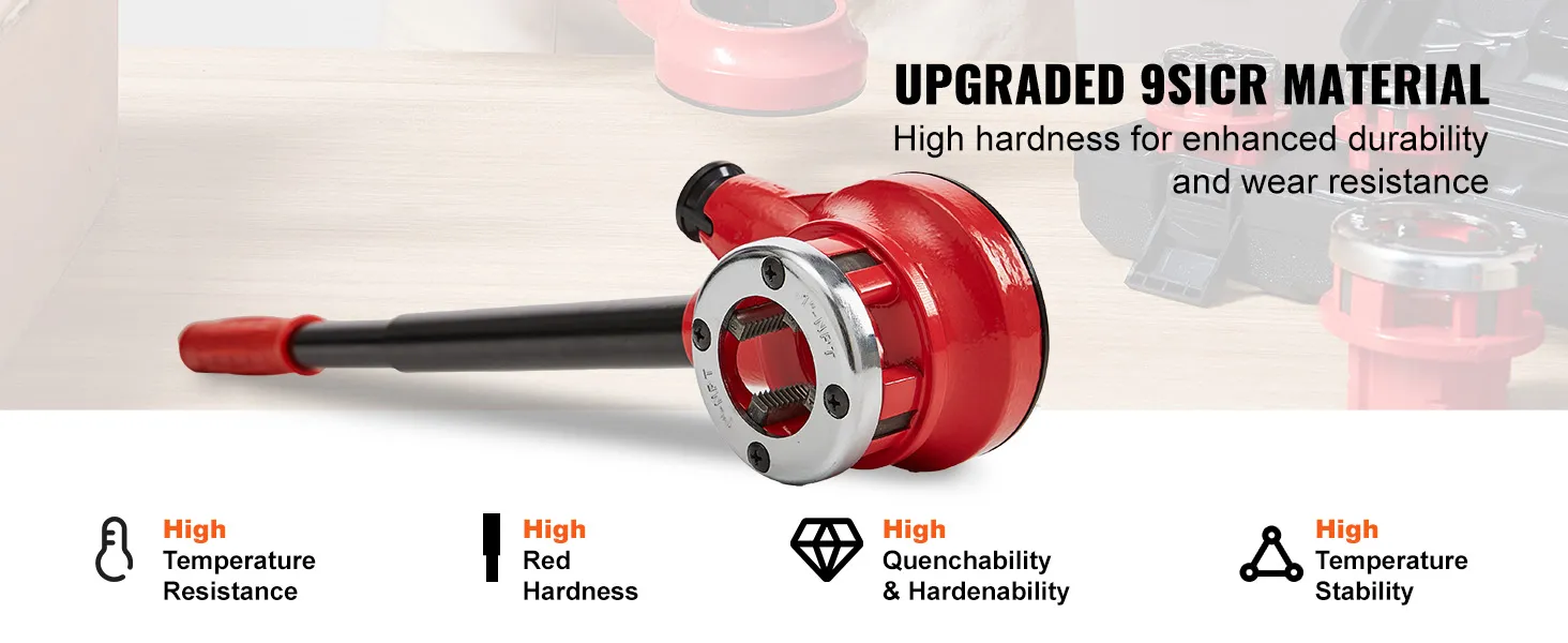 red and silver VEVOR pipe threader kit made from upgraded 9sicr material for durability and wear resistance.