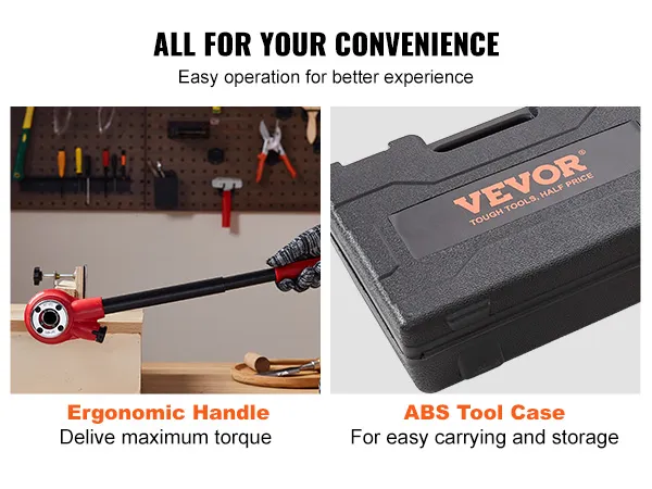 VEVOR pipe threader kit with ergonomic handle for torque and a durable abs tool case for easy storage.