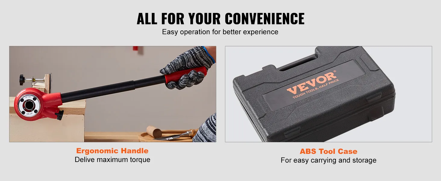 VEVOR pipe threader kit with ergonomic handle for torque and a durable abs tool case for easy storage.
