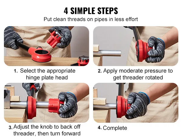 4-step guide using VEVOR pipe threader kit for clean pipe threads: select, apply, adjust, complete.