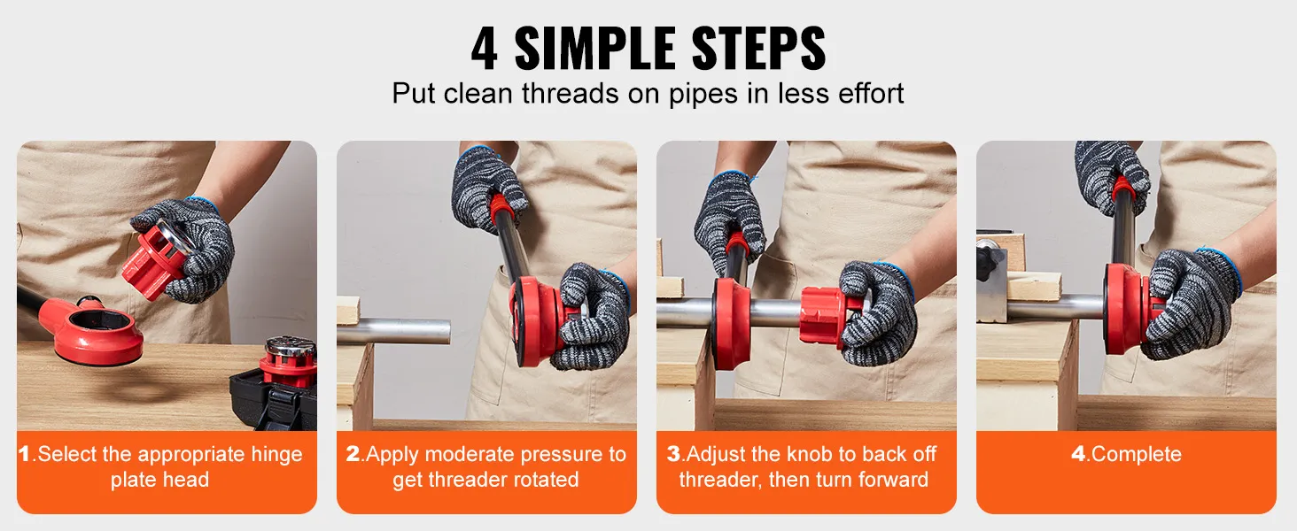 4-step guide using VEVOR pipe threader kit for clean pipe threads: select, apply, adjust, complete.