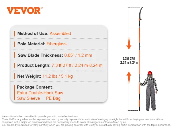 VEVOR manual pole saw with assembled fiberglass pole, double-hook saw, and pe bag, 7.3 ft-27 ft.