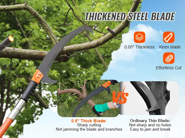 VEVOR manual pole saw cutting tree branch, showcasing thickened steel blade with 0.05" thickness for sharp cutting.