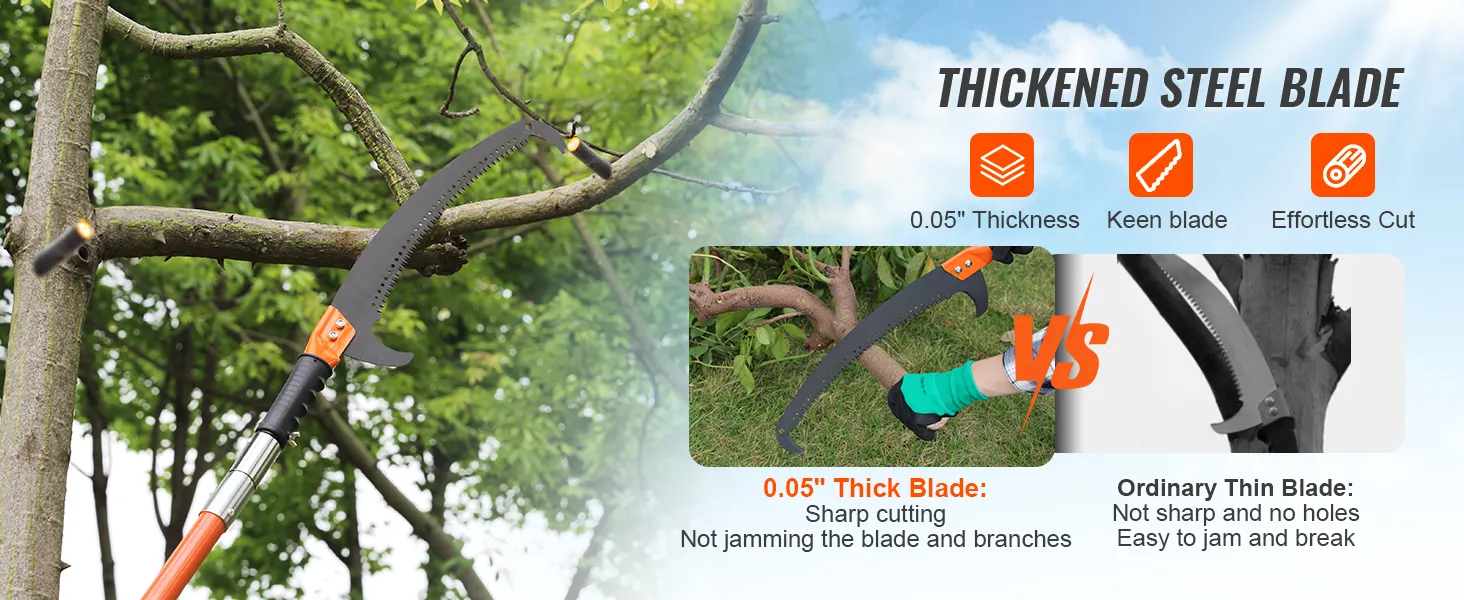 VEVOR manual pole saw cutting tree branch, showcasing thickened steel blade with 0.05" thickness for sharp cutting.