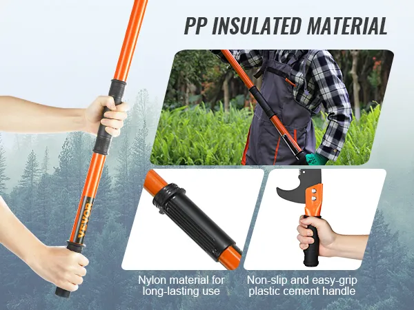 VEVOR manual pole saw with pp insulated material, nylon for durability, and non-slip plastic handle.