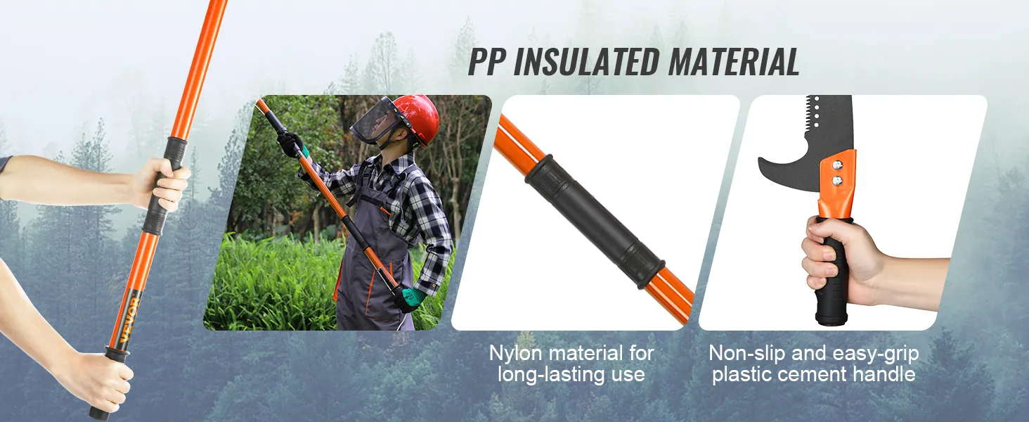 VEVOR manual pole saw with pp insulated material, nylon for durability, and non-slip plastic handle.