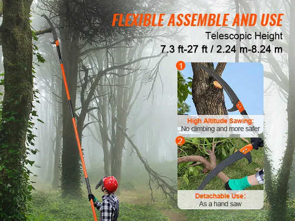 VEVOR manual pole saw for high-altitude sawing and detachable hand use, adjustable from 7.3ft to 27ft.