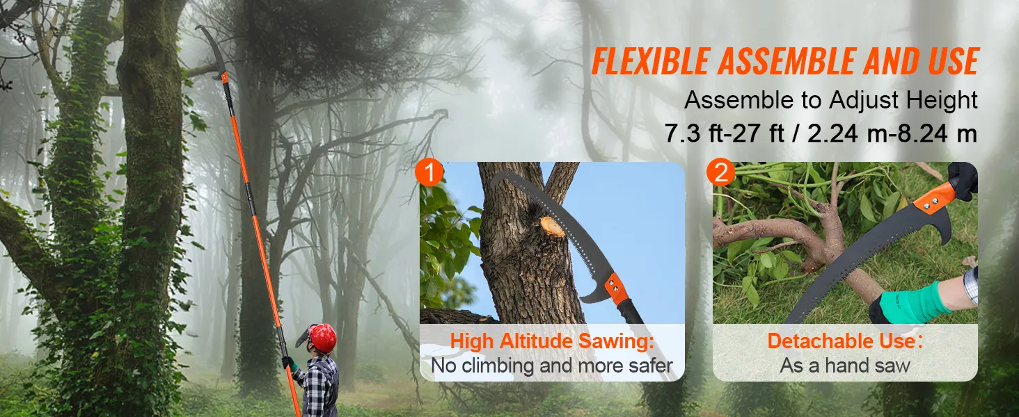 VEVOR manual pole saw for high-altitude sawing and detachable hand use, adjustable from 7.3ft to 27ft.