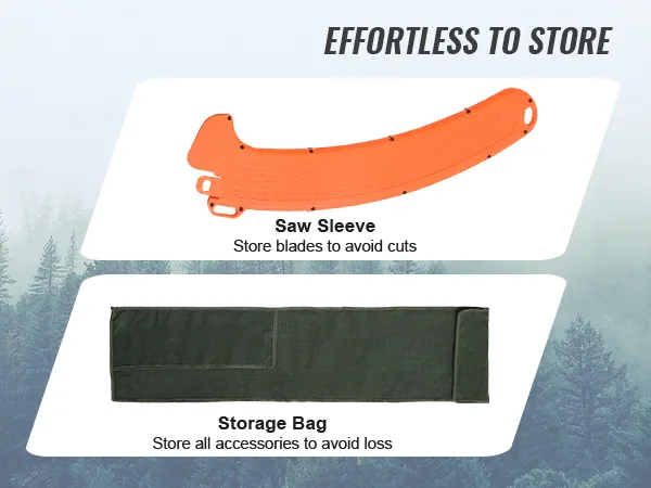 effortless storage for VEVOR manual pole saw with an orange saw sleeve and green storage bag.
