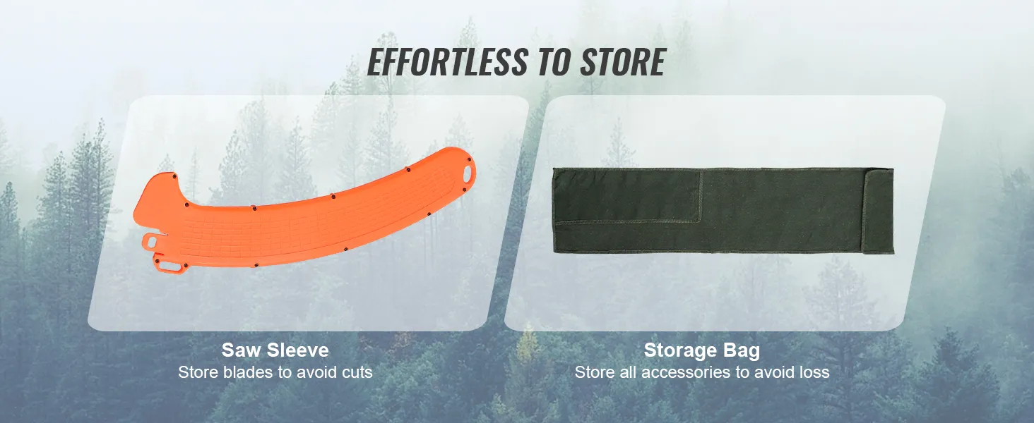 effortless storage for VEVOR manual pole saw with an orange saw sleeve and green storage bag.
