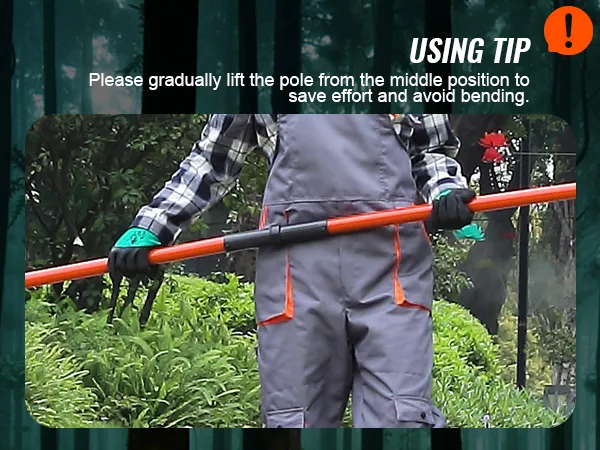 person in plaid shirt and overalls holding VEVOR manual pole saw, with usage tip text in background.