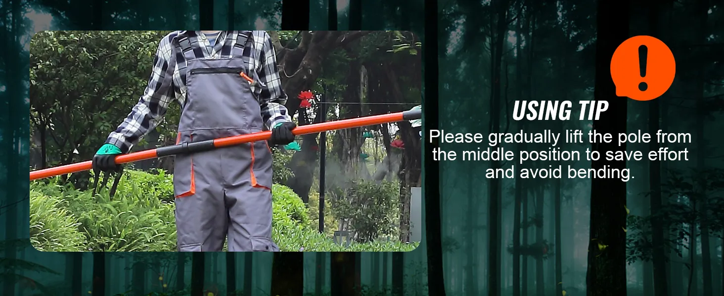 person in plaid shirt and overalls holding VEVOR manual pole saw, with usage tip text in background.