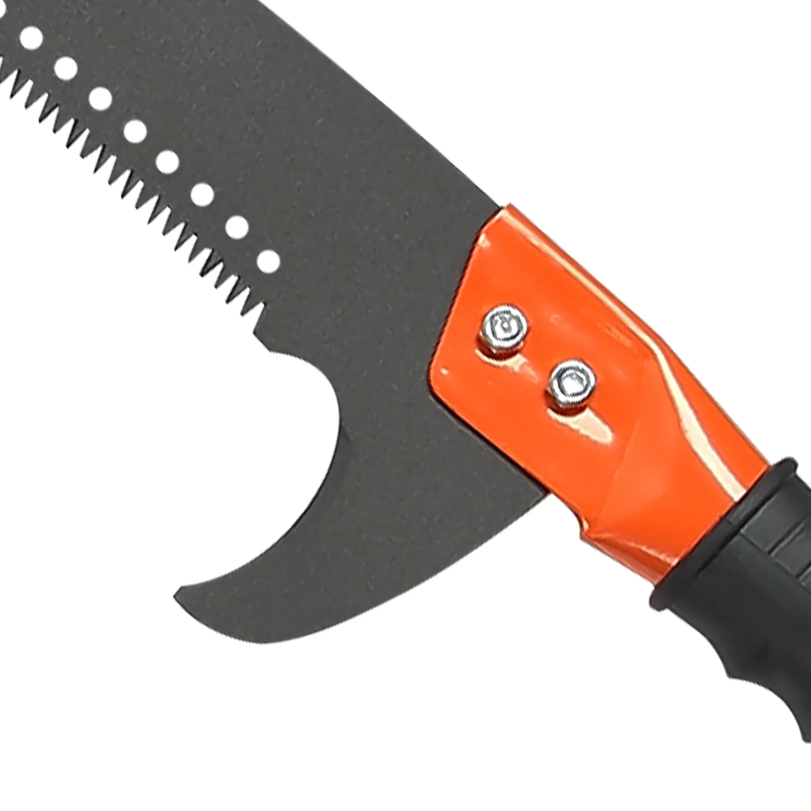 close-up of a VEVOR manual pole saw blade with sharp teeth and an orange connector.