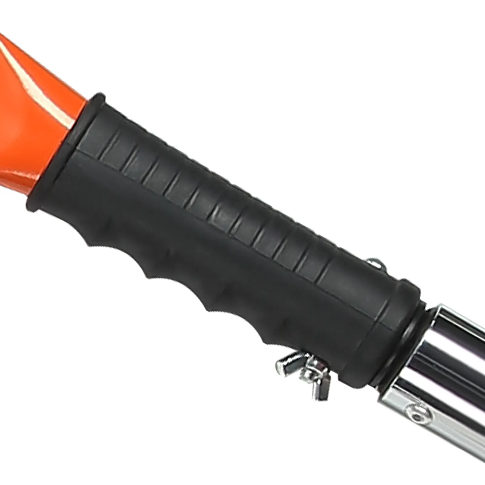 black rubber grip handle of a VEVOR manual pole saw with orange accents and metal attachment.