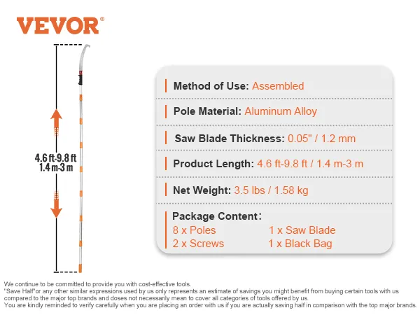 VEVOR manual pole saw with assembled aluminum alloy poles, 9.8 ft max length, 0.05" blade thickness.