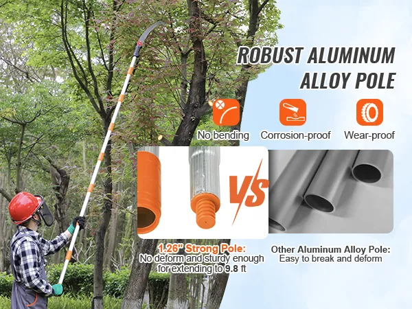 man pruning tree branches with a VEVOR manual pole saw featuring a robust aluminum alloy pole.