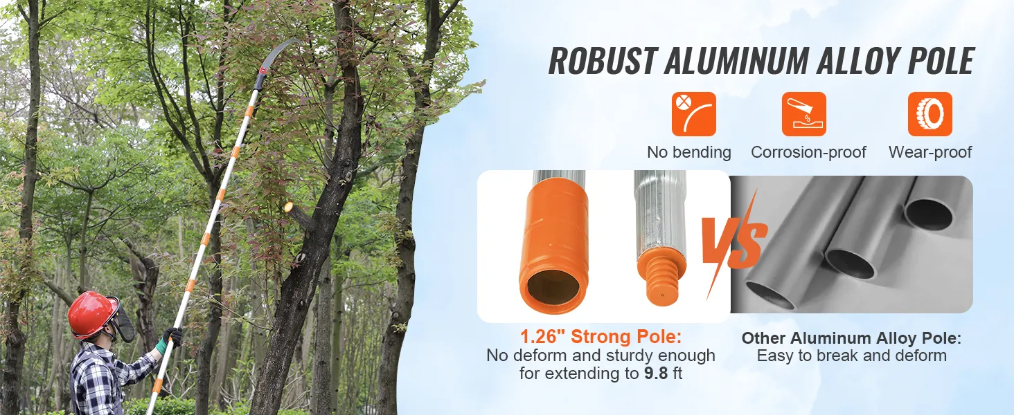 man pruning tree branches with a VEVOR manual pole saw featuring a robust aluminum alloy pole.