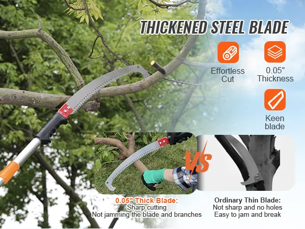 VEVOR manual pole saw in action, sharp thickened steel blade cutting tree branch effortlessly.