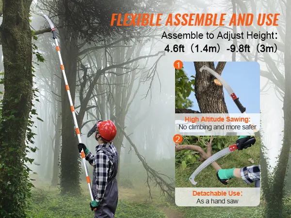 person using VEVOR manual pole saw to trim tree branches in the forest, highlighting adjustable height.