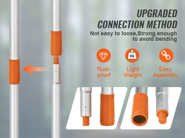 VEVOR manual pole saw showing rust-proof, lightweight, and easy assembly connections with orange grips.