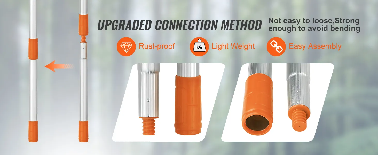 VEVOR manual pole saw showing rust-proof, lightweight, and easy assembly connections with orange grips.