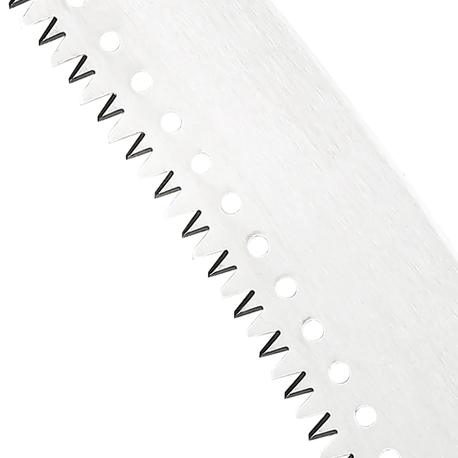 close-up of VEVOR manual pole saw blade with sharp teeth and circular cutout details.