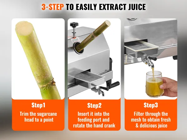 Procedura in 3 fasi per utilizzare uno spremitore di canna da zucchero VEVOR: potare la canna, alimentarla e azionarla, filtrare per ottenere il succo.