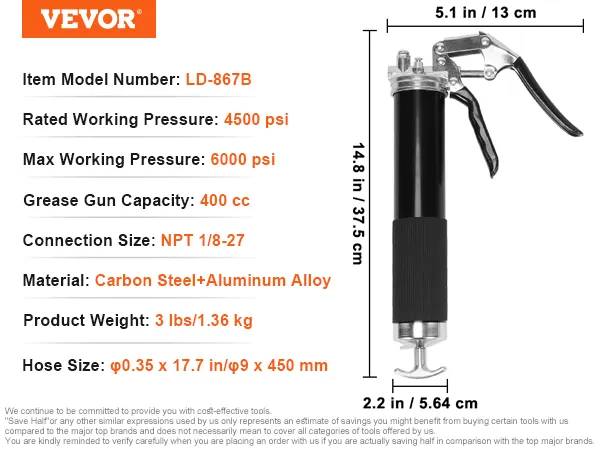 VEVOR pistoolgreep vetspuit, model ld-867b, 4500 psi werkdruk, 400 cc inhoud, npt 1/8-27.