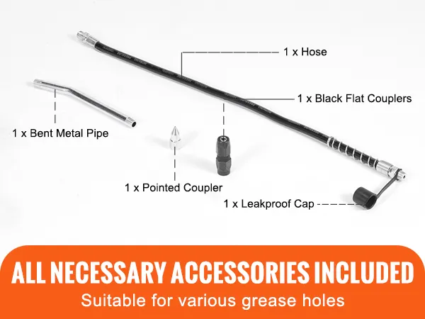 Inclusief accessoires voor VEVOR-pistoolvetspuiten, slang, koppelingen, metalen buis en lekvrije dop. Geschikt voor vetgaten.
