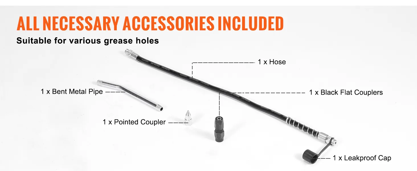 Inclusief accessoires voor VEVOR-pistoolvetspuiten, slang, koppelingen, metalen buis en lekvrije dop. Geschikt voor vetgaten.