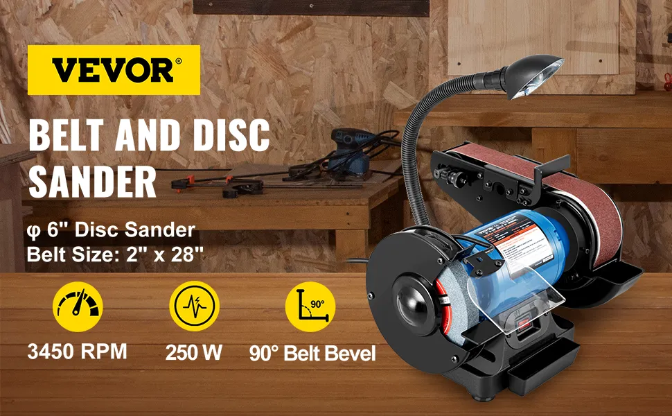 VEVOR belt and disc sander in workshop with specs: 3450 rpm, 250w, 90° belt bevel.