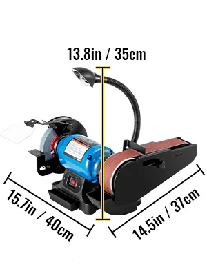 VEVOR belt and disc sander with dimensions: 15.7in x 14.5in x 13.8in