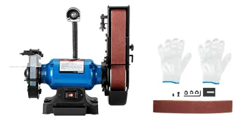 VEVOR belt and disc sander with blue motor, sanding belts, and gloves.