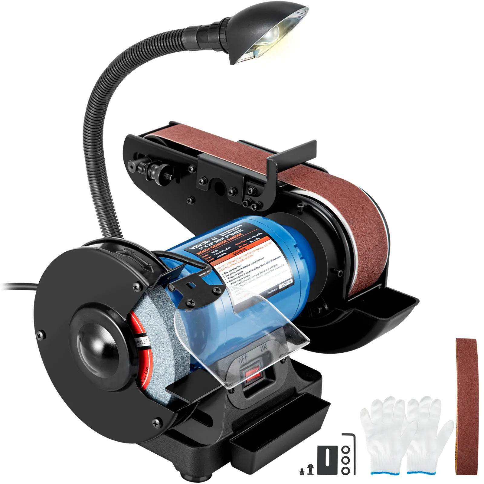 VEVOR belt and disc sander with flexible lamp, protective gloves, and sanding belt.