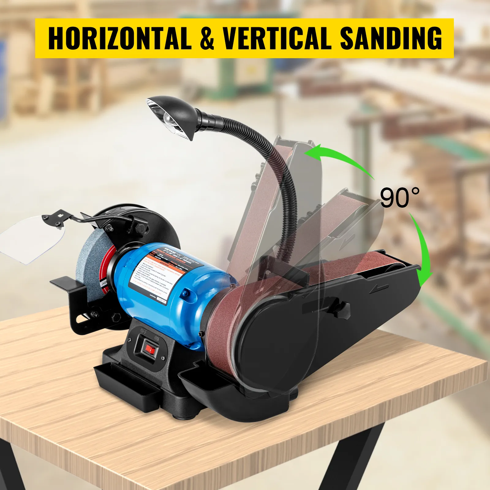 VEVOR belt and disc sander for horizontal and vertical sanding on a workshop table.