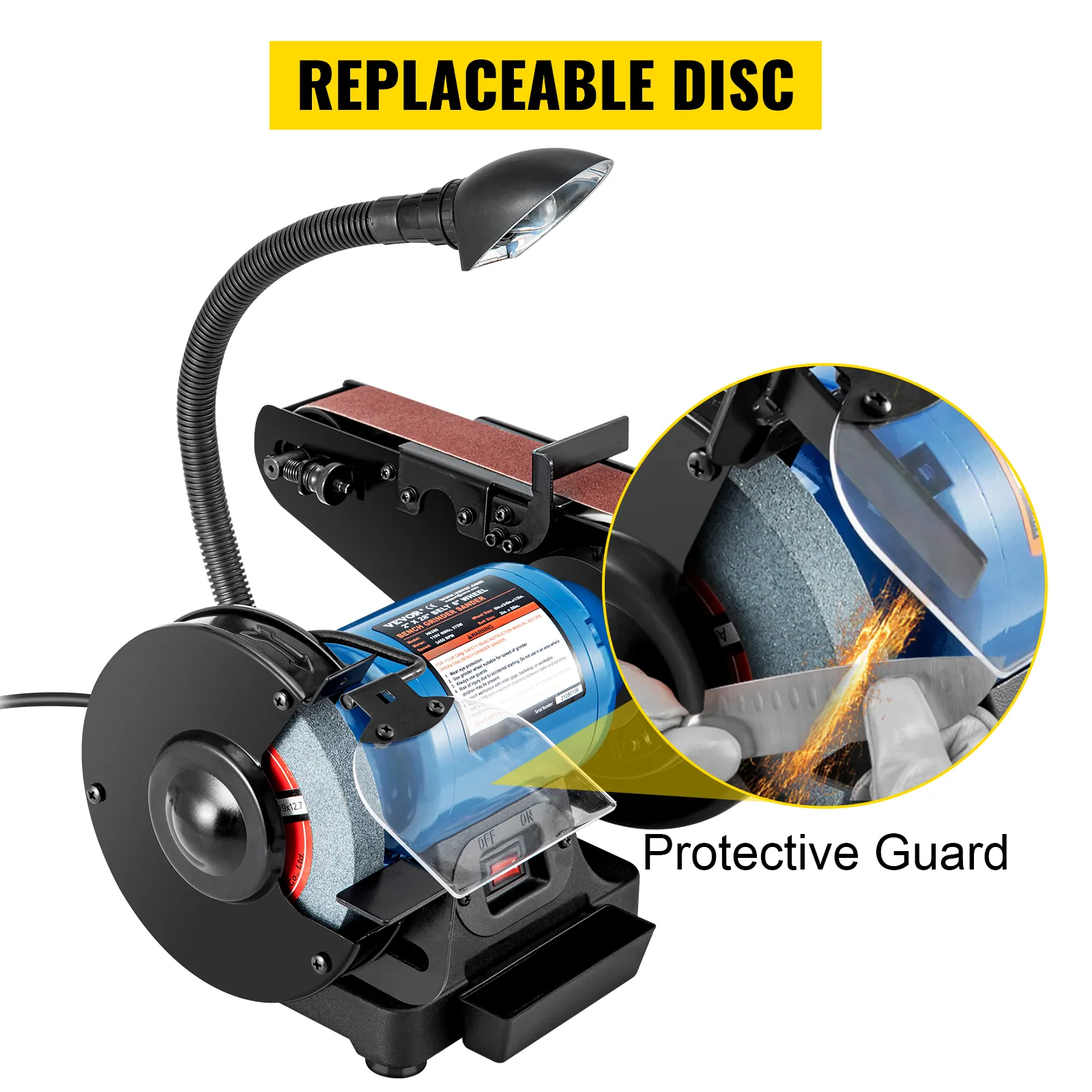 VEVOR belt and disc sander with flexible lamp and protective guard, showing replaceable disc.