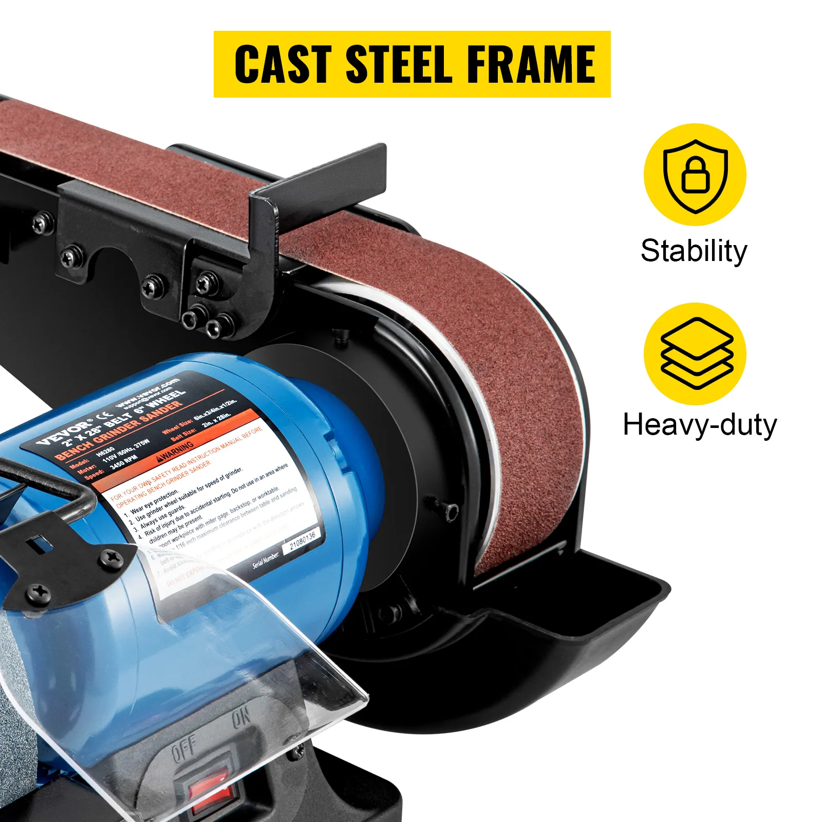 VEVOR belt and disc sander with cast steel frame, stability, and heavy-duty design.