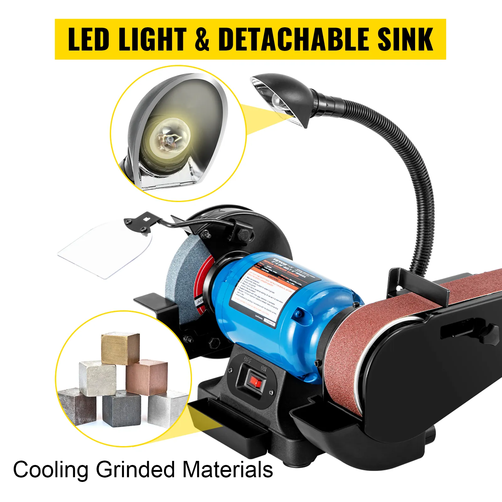 VEVOR belt and disc sander with led light, detachable sink, and cooling materials.