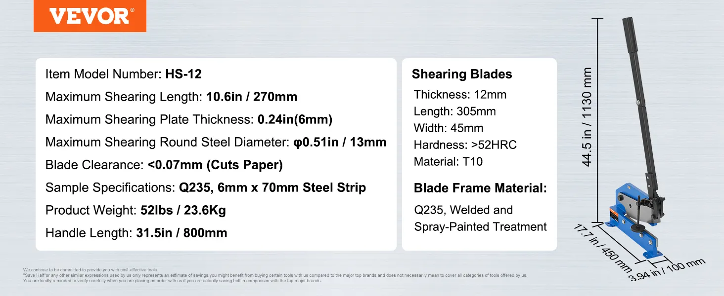 La cizalla de metal VEVOR hs-12 tiene una longitud de corte de 270 mm, un espesor de placa de 6 mm y un mango de 800 mm.