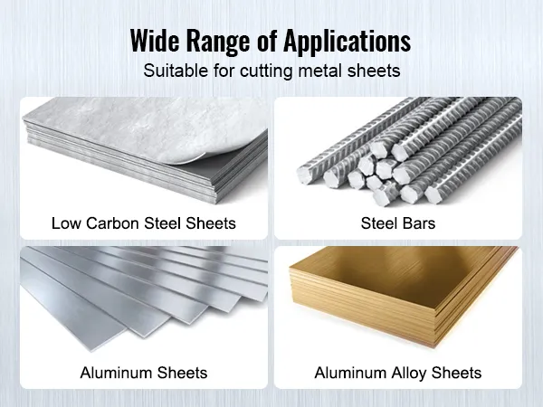 wide range of applications for VEVOR metal plate shear: steel sheets, steel bars, aluminum sheets.