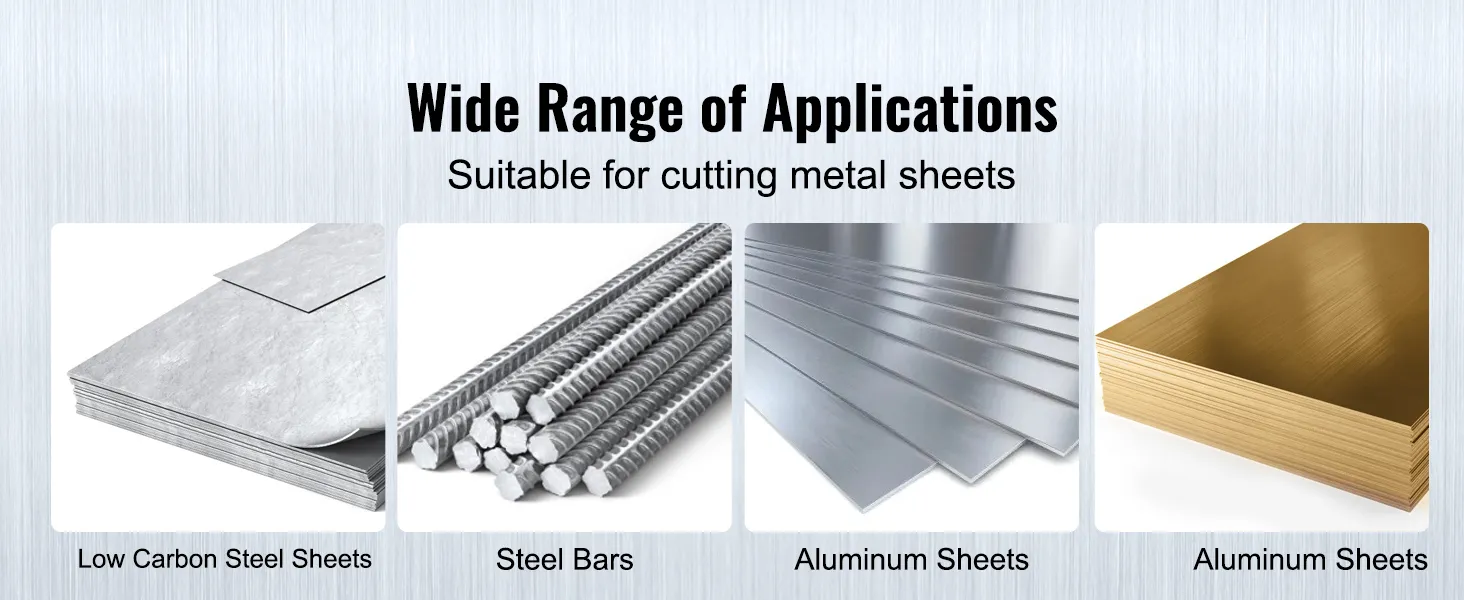 wide range of applications for VEVOR metal plate shear: steel sheets, steel bars, aluminum sheets.